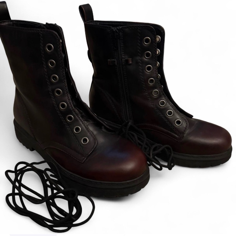 Women's Black and Burgundy Leather Combat Boots